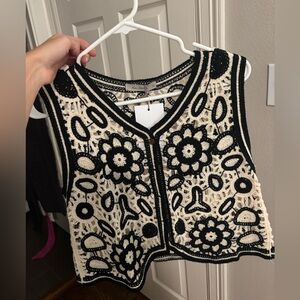 Black and Cream Crochet Sleeveless Top